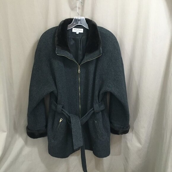 Vintage Y2K Winter Coat Gray Wool Faux Fur Collar Zip Front Belted Size 8 Made U - Picture 1 of 4